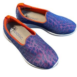 Vionic Slip On Sneakers Womens 7.5 Blue Pink Knit Comfort Walking Shoes Orthotic